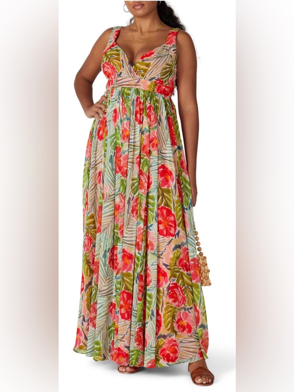 Badgley Mischka || Pink & Green Floral V-Neck Maxi Gown